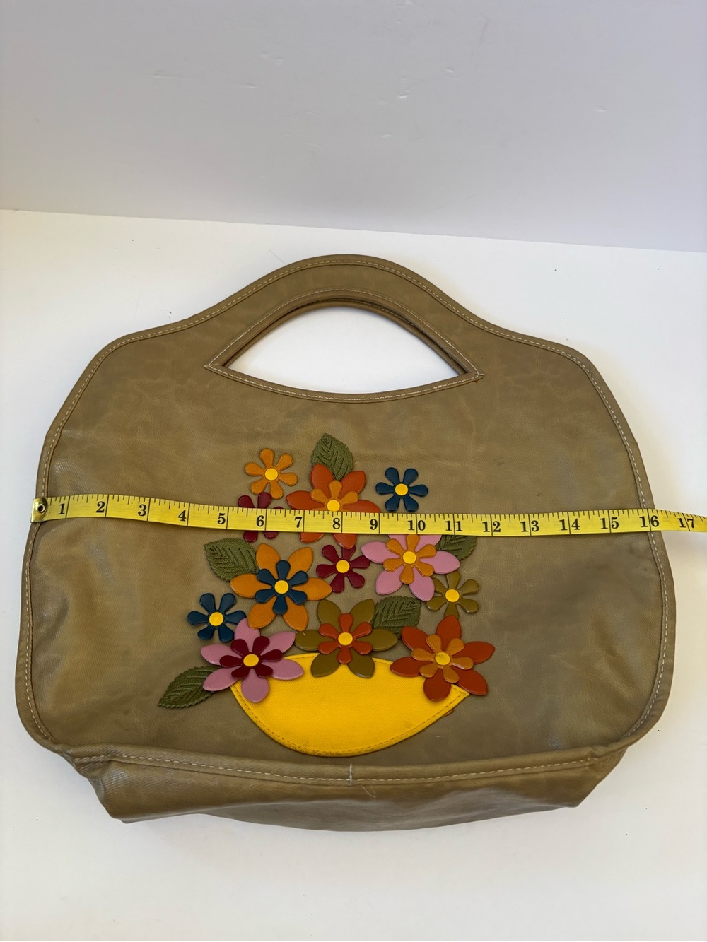 Vintage Y2K Esprit Tote Bag Purse Olive Green Floral Aplique Lagenlook Hippie - Picture 9 of 11